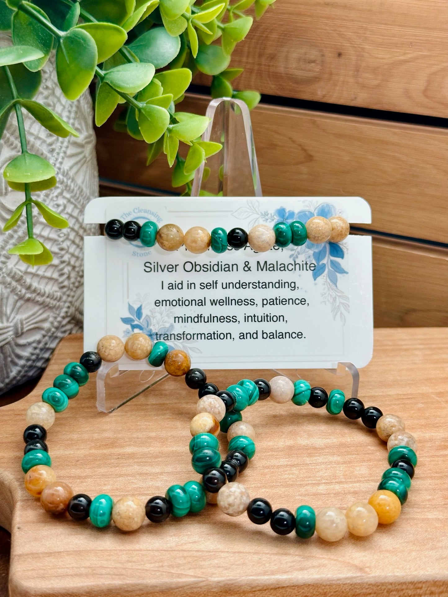 Pink Moss Agate, Silver Obsidian, & Malachite Bracelet