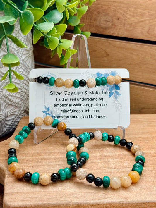 Pink Moss Agate, Silver Obsidian, & Malachite Bracelet