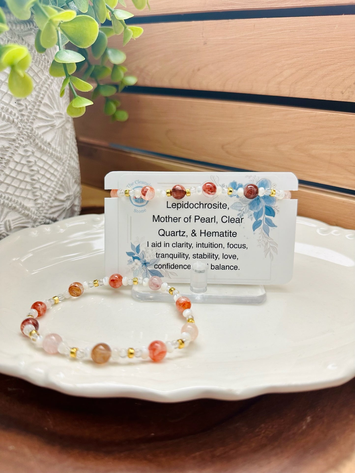 Lepidochrosite, Mother of Pearl, Clear Quartz, and Hematite Bracelet