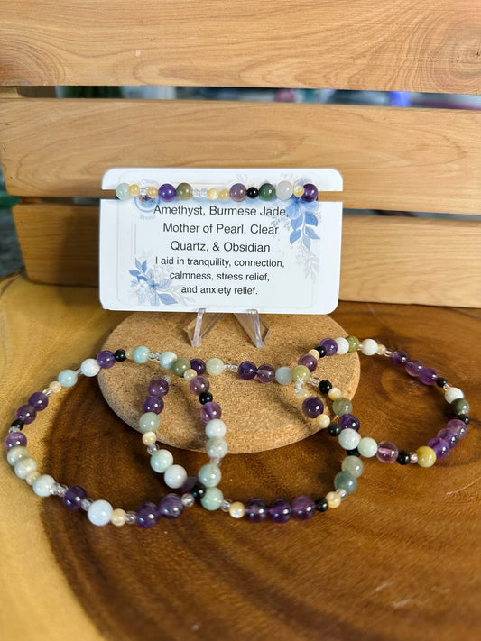 Amethyst, Burmese Jade, Mother of Pearl, Clear Quartz, and Obsidian Bracelet