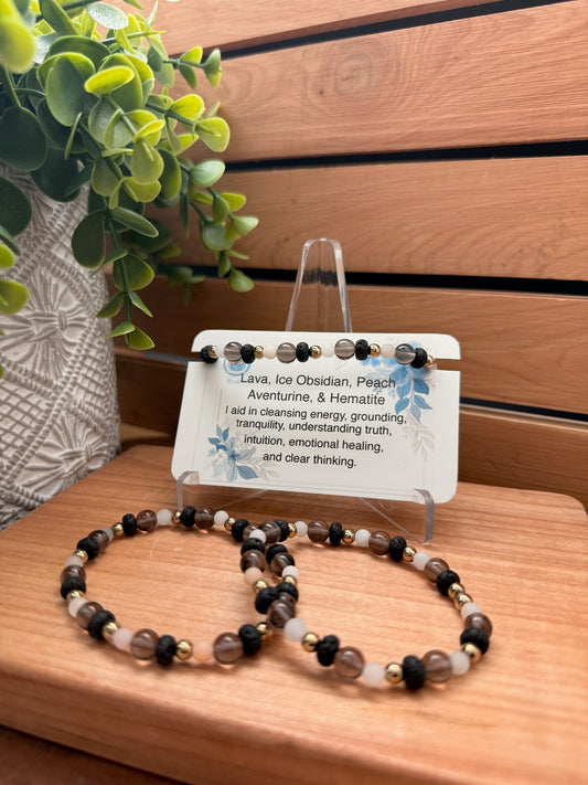 Lava, Ice Obsidian, Peach Aventurine, & Hematite Bracelet