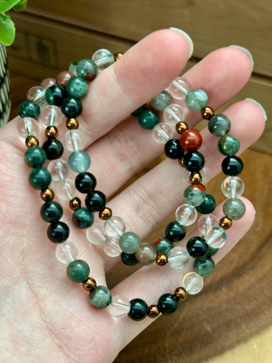 Bloodstone, Smokey Quartz, & Clear Quartz Bracelet