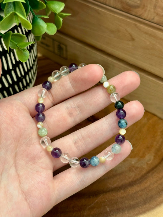 Amethyst, Clear Quartz, Kyanite, & Mother of Pearl Bracelet