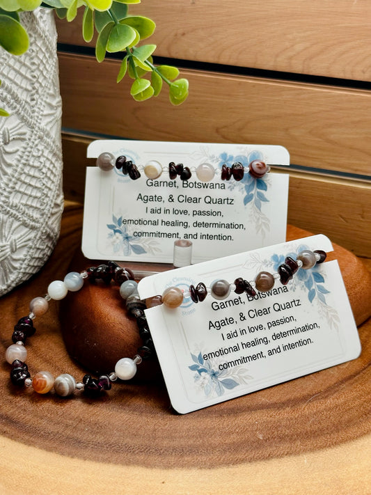 Garnet, Botswana Agate, and Clear Quartz Bracelet