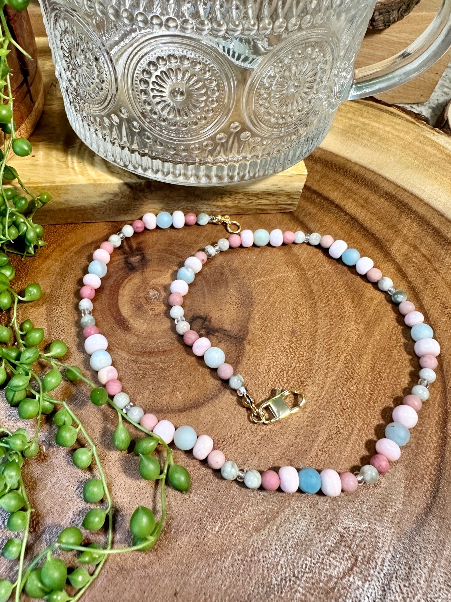 Green Amazonite Necklace with a POP of high quality Bright Pink Opals on the Side!!