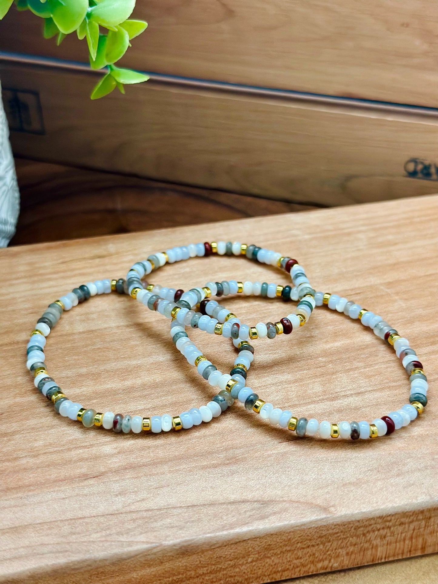 Bloodstone, Blue Lace Agate, Mother of Pearl, & Hematite Bracelet