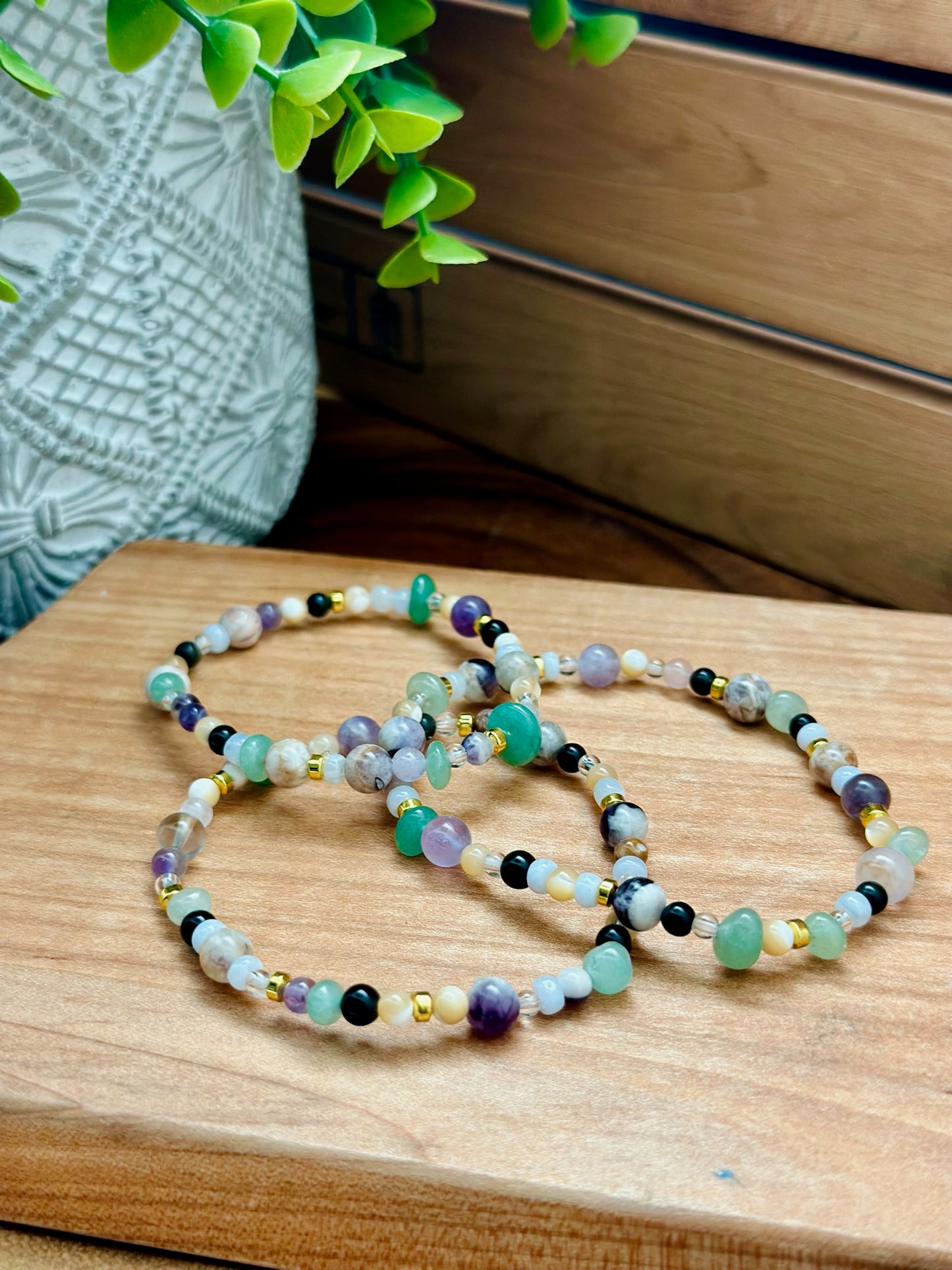 Chevron Amethyst, Aventurine, Mother of Pearl, Clear Quartz, Obsidian, & Blue Lace Agate Bracelet