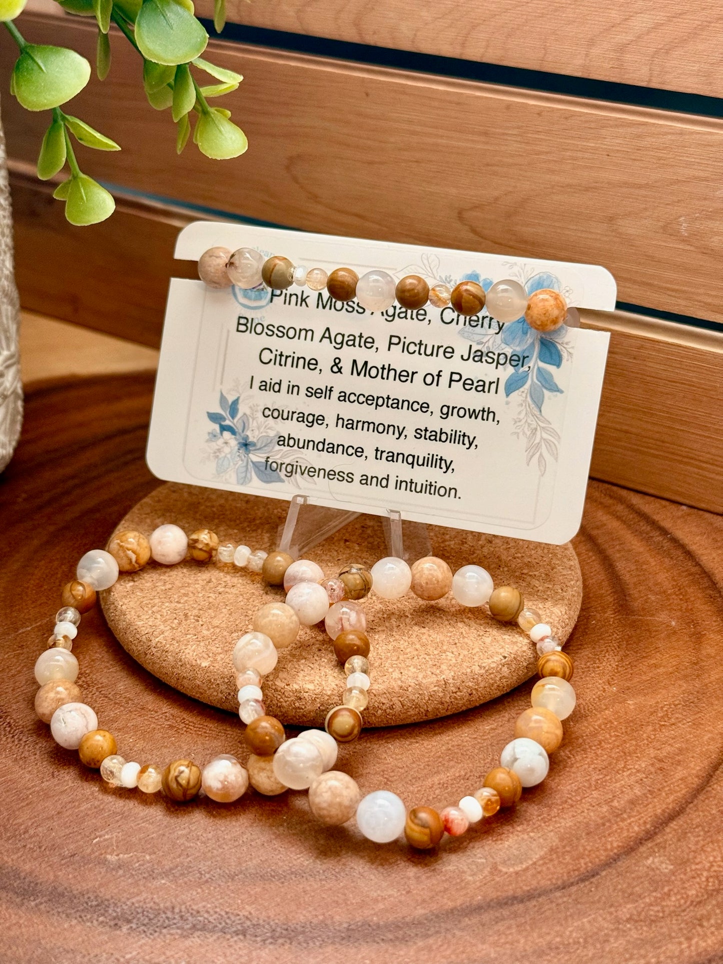 Pink Moss Agate, Cherry Blossom Agate, Picture Jasper, Citrine, and Mother of Pearl Bracelet
