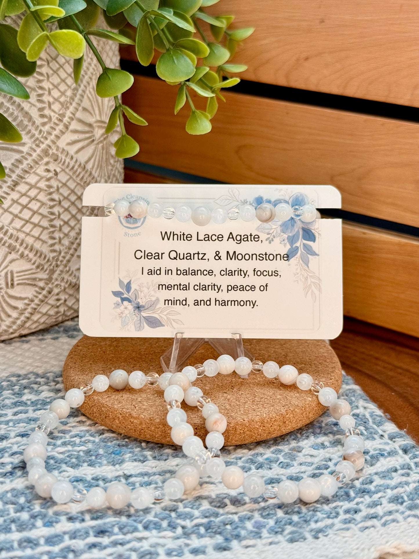 White Lace Agate, Clear Quartz, and Moonstone Bracelet