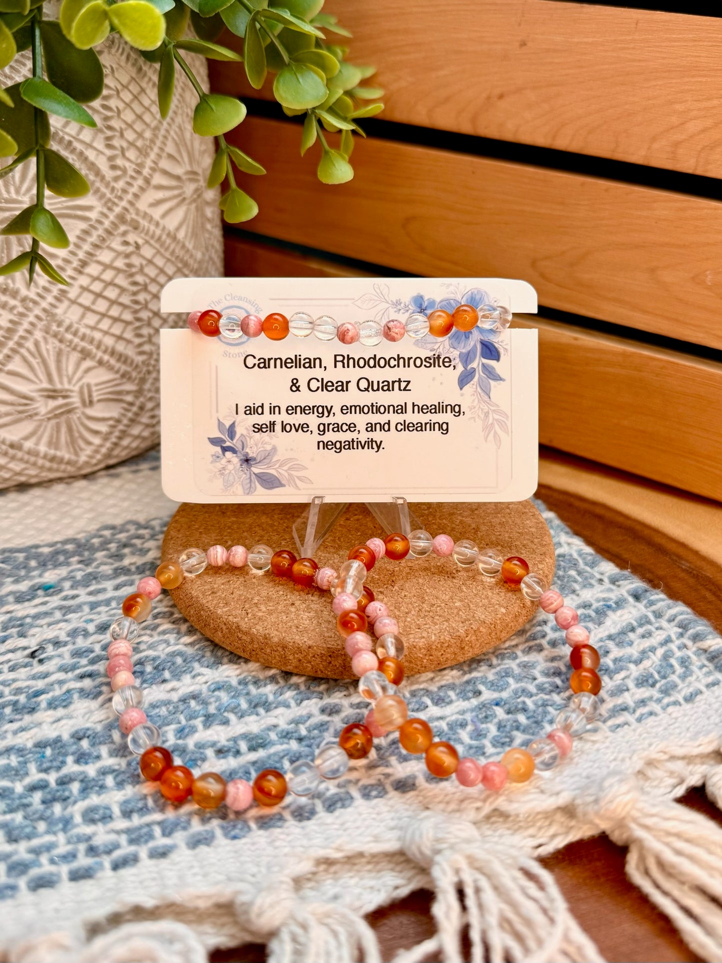 Carnelian, Rhodochrosite, and Clear Quartz Bracelet