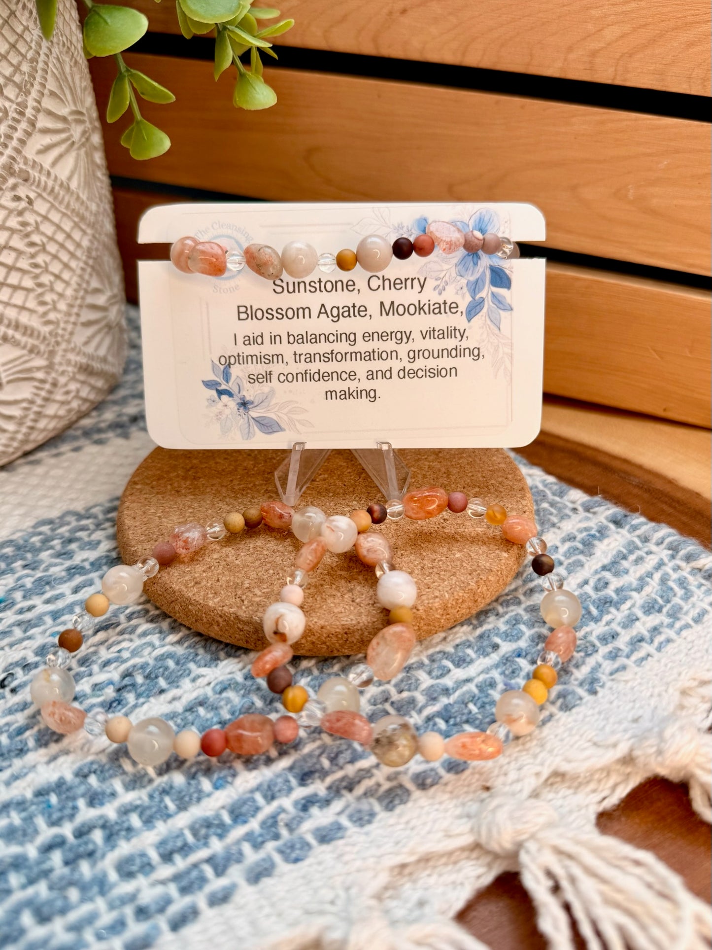 Sunstone, Cherry Blossom Agate, Mookaite, and Clear Quartz Bracelet