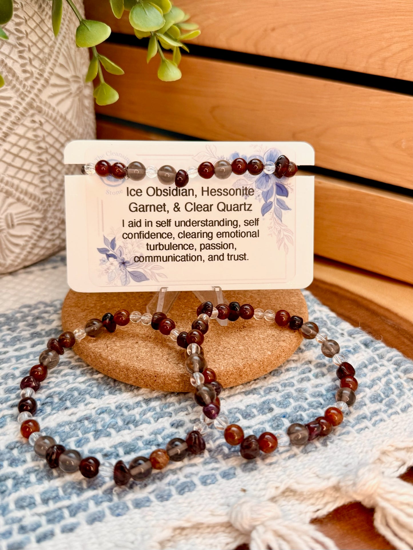 Ice Obsidian, Hessonite Garnet, and Clear Quartz Bracelet