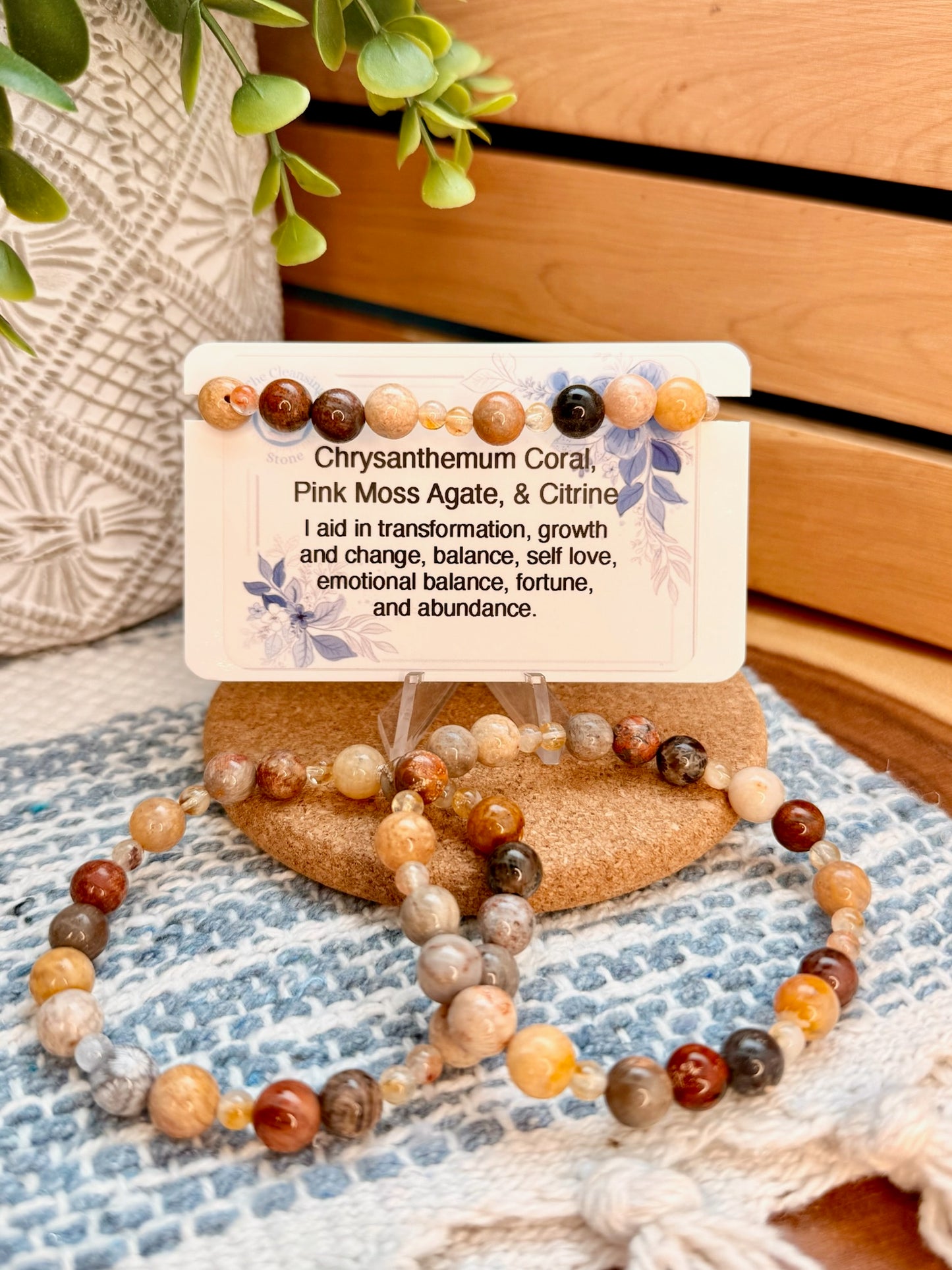 Chrysanthemum Coral, Pink Moss Agate, and Citrine Bracelet