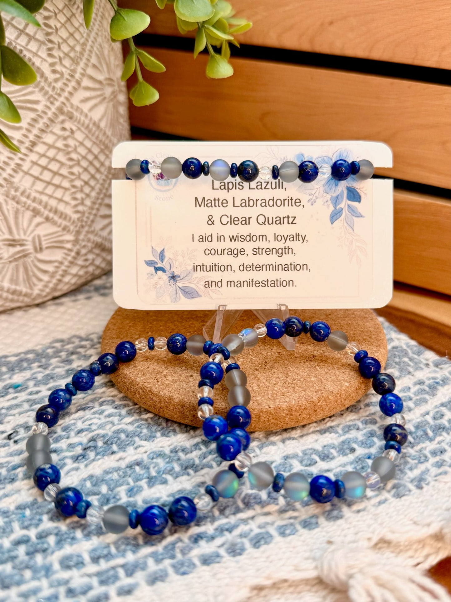 Lapis Lazuli, Matte Labradorite, and Clear Quartz Bracelet