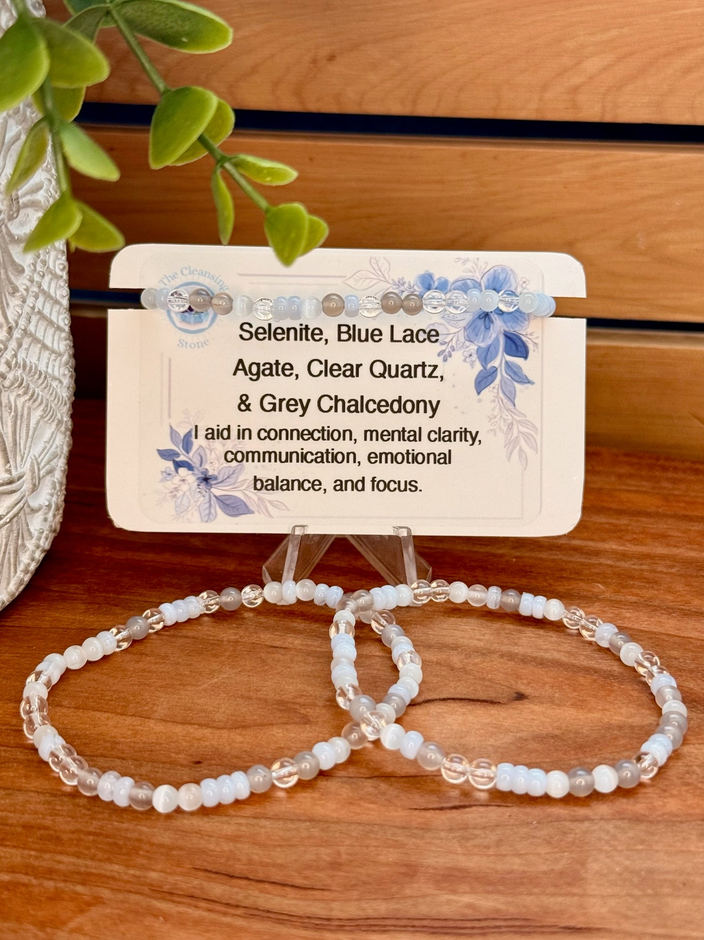 Selenite, Blue Lace Agate, Clear Quartz, and Grey Chalcedony Bracelet