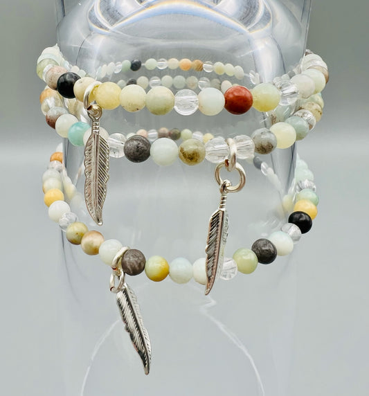 Amazonite, Clear Quartz, and Silver Feather Charm Bracelet