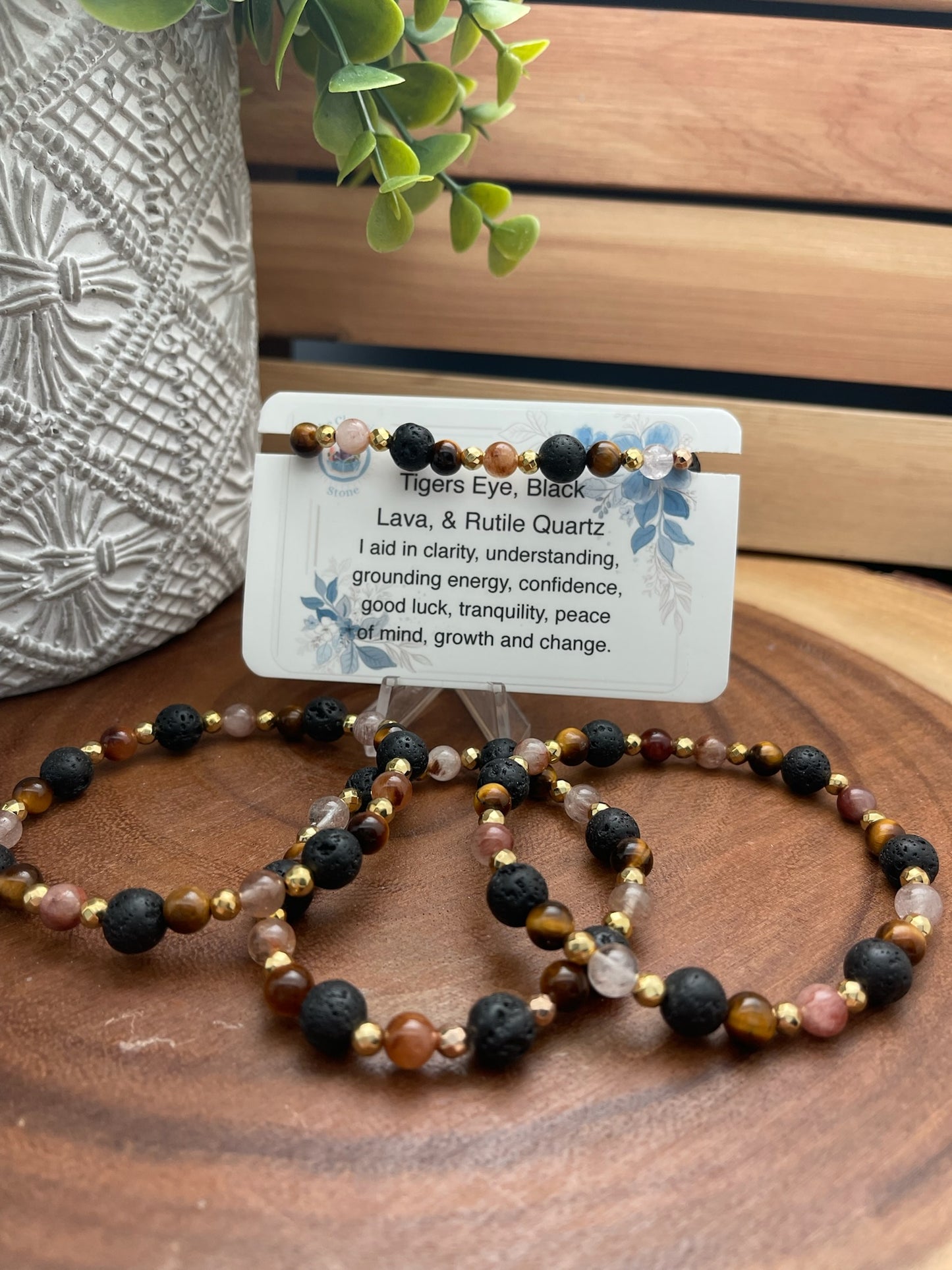 Tigers Eye, Black Lava, and Rutile Quartz Bracelet