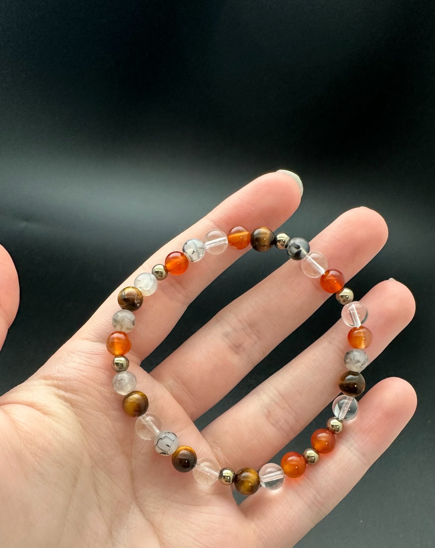 Carnelian, Clear Quartz, Tigers Eye, Spiderweb Jasper, & Hematite Bracelet