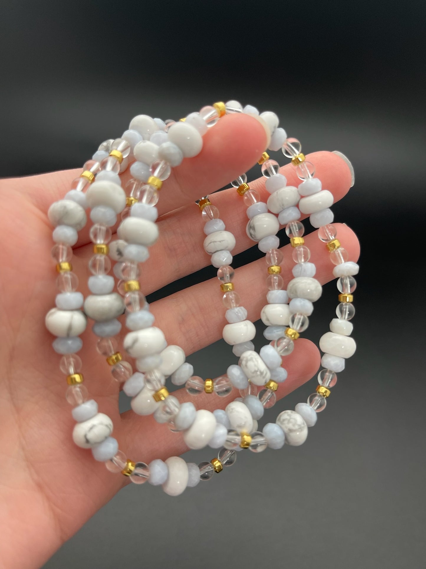 Howlite, Blue Lace Agate, Clear Quartz, and Hematite Bracelet