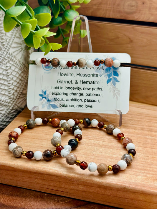 Chrysanthemum Fossil, Howlite, Hessinite Garnet and Hematite Bracelet
