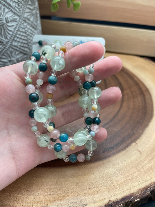 Prehnite, Rose Quartz, Amazonite, Clear Quartz, and Blue Apatite Bracelet