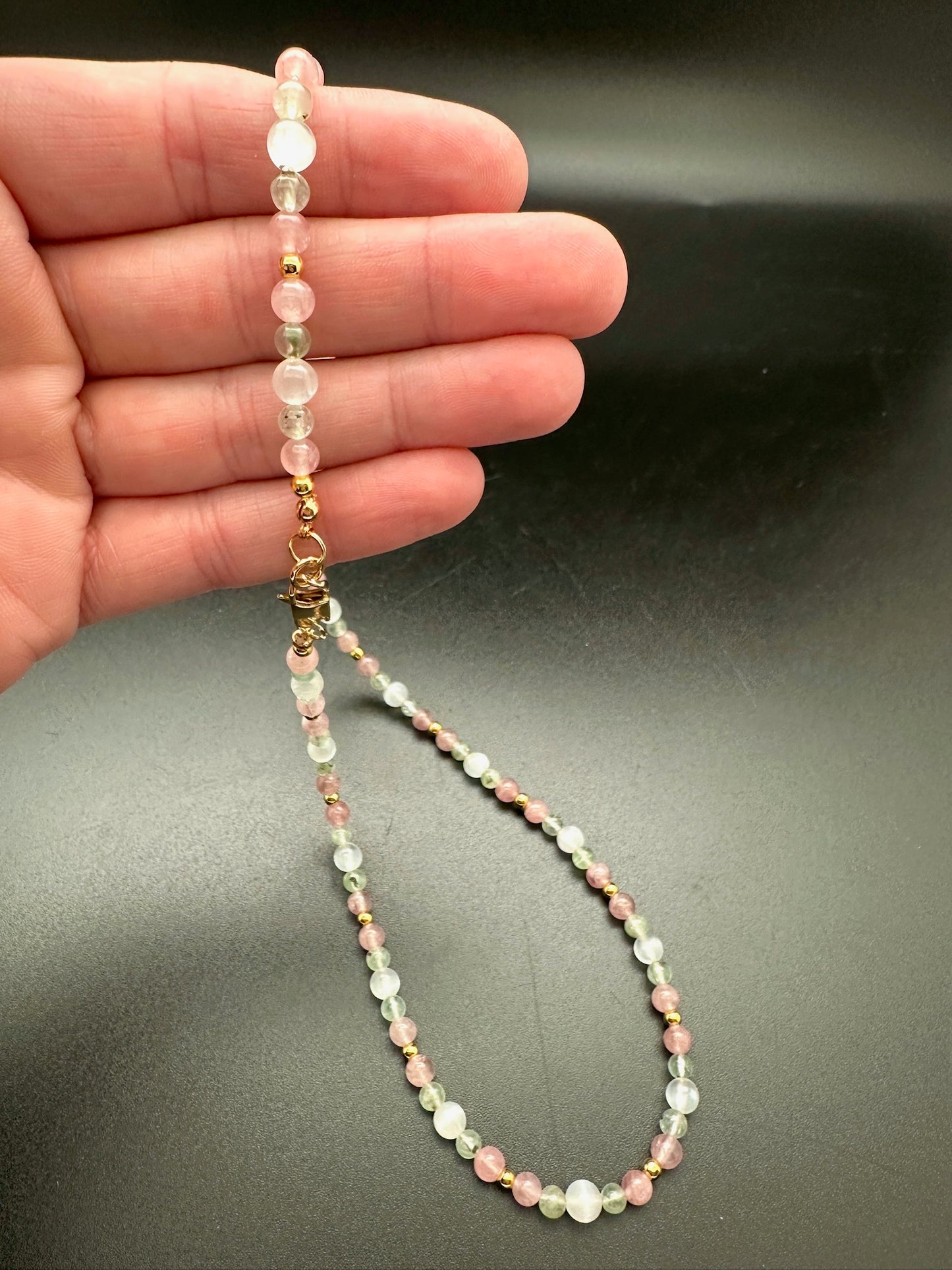 Rose Quartz, Satin Spar, Prehnite, and Hematite Necklace