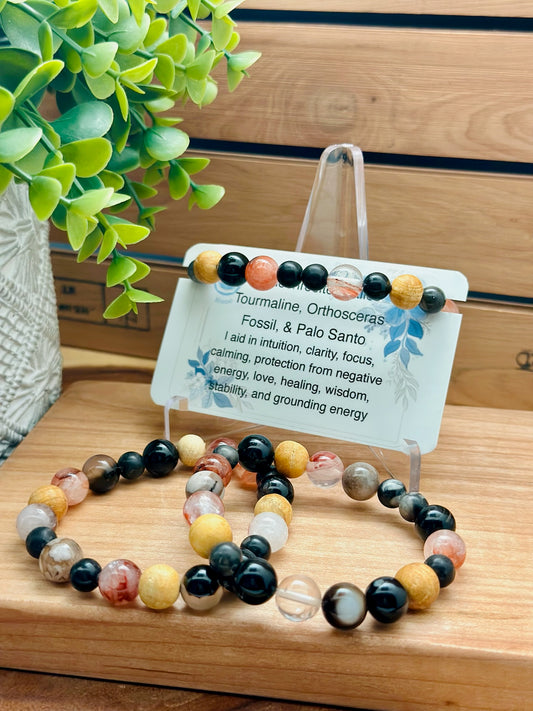 Lepidochrosite, Calico Tourmaline, Orthosceras Fossil, and Palo Santo Bracelet