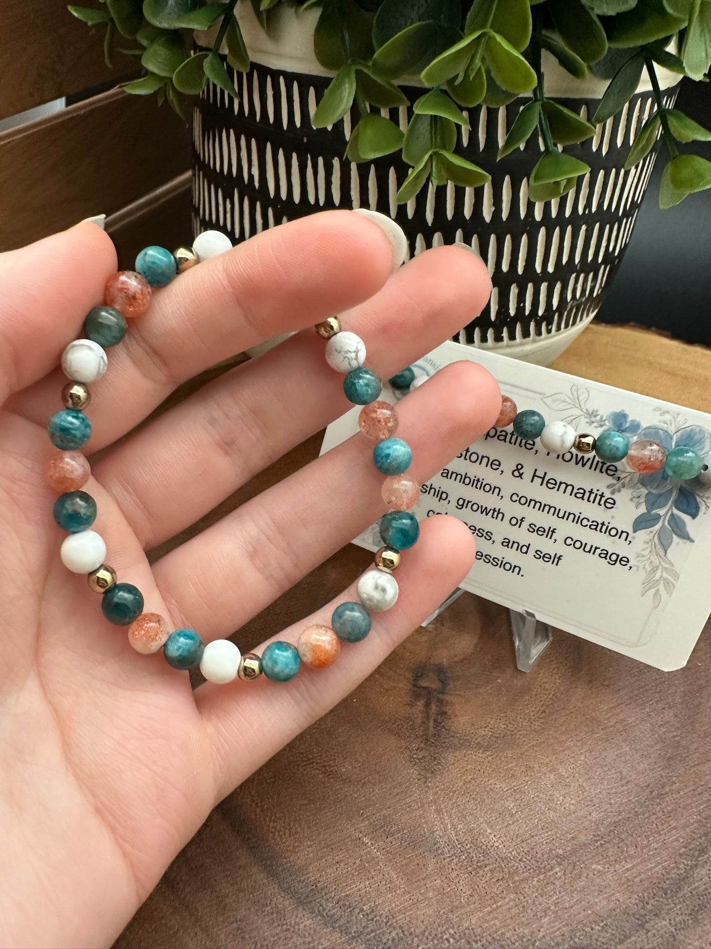 Blue Apatite, Howlite, Sunstone, and Hematite Bracelet