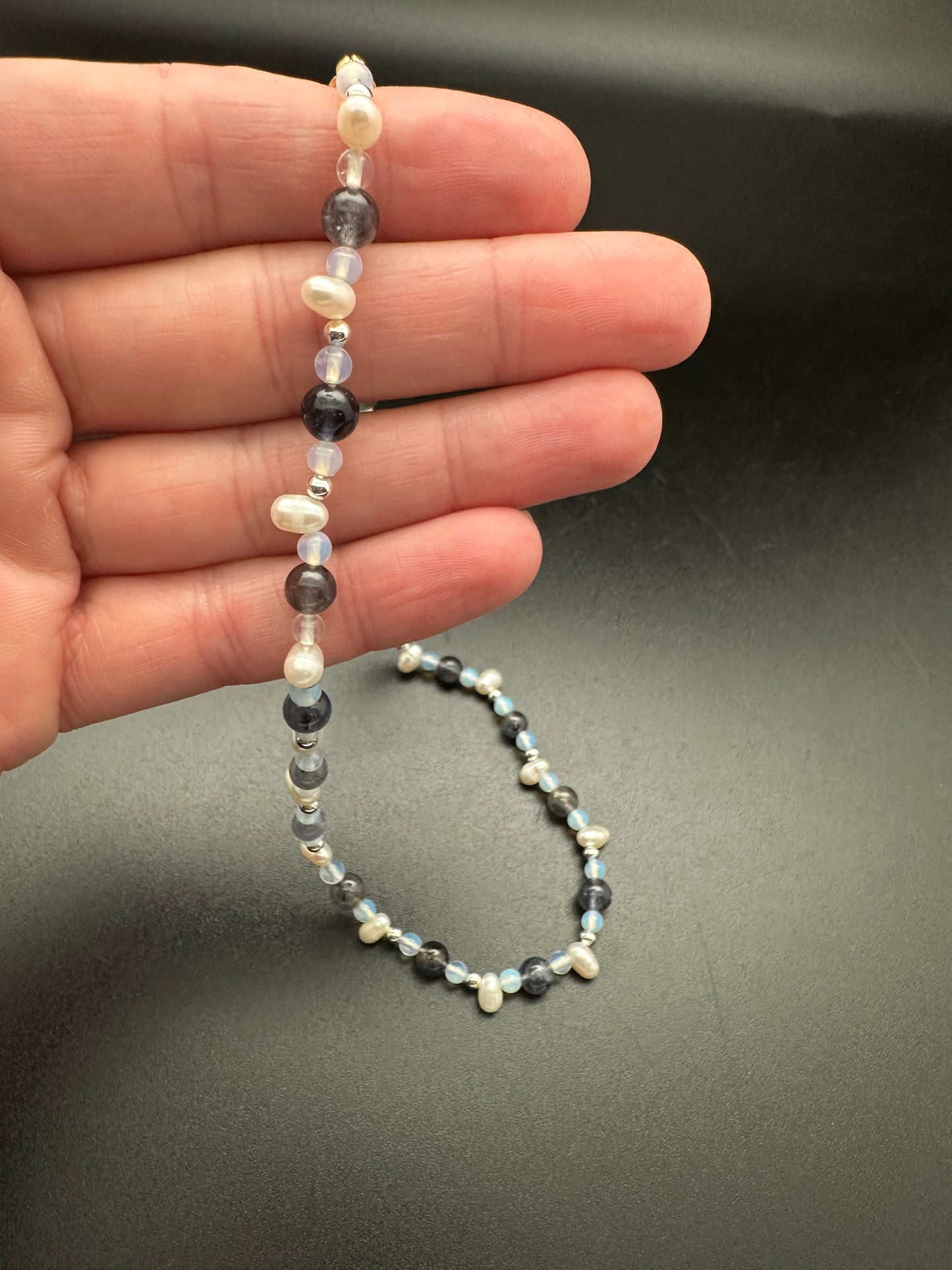 Opalite, Pearl, Iolite, and Silver Necklace 16”