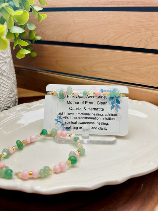 Pink Opal, Aventurine, Mother of Pearl, Clear Quartz, & Hematite