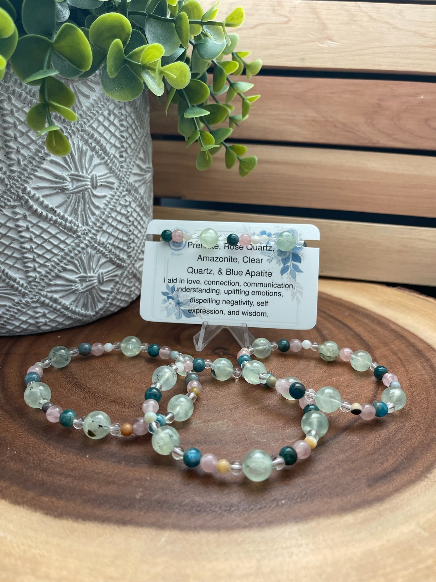 Prehnite, Rose Quartz, Amazonite, Clear Quartz, and Blue Apatite Bracelet