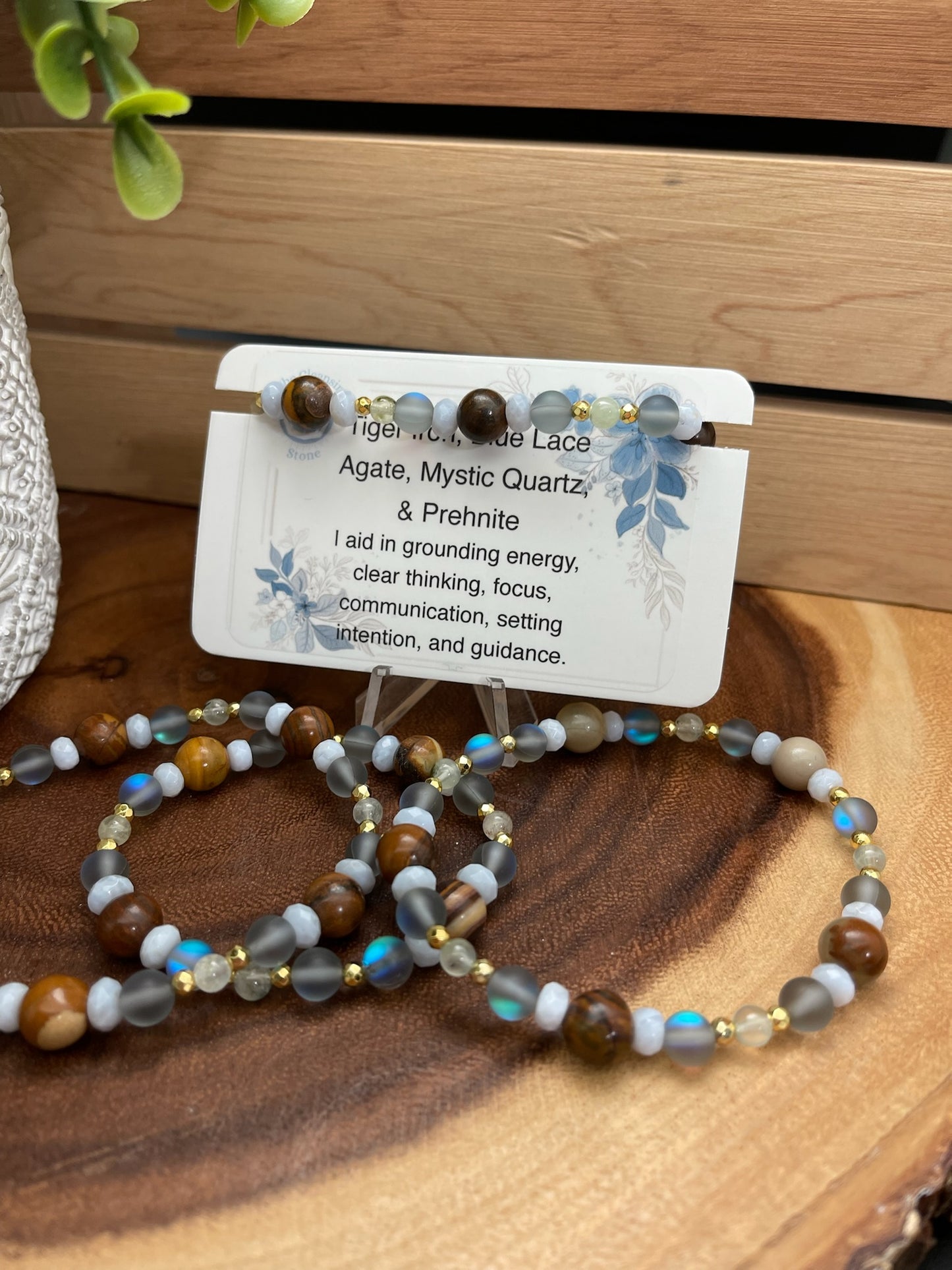 Tiger Iron, Blue Lace Agate, Mystic Quartz, and Prehnite Bracelet