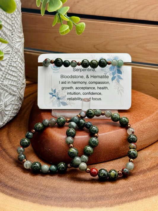 Serpentine, Bloodstone, & Hematite Bracelet
