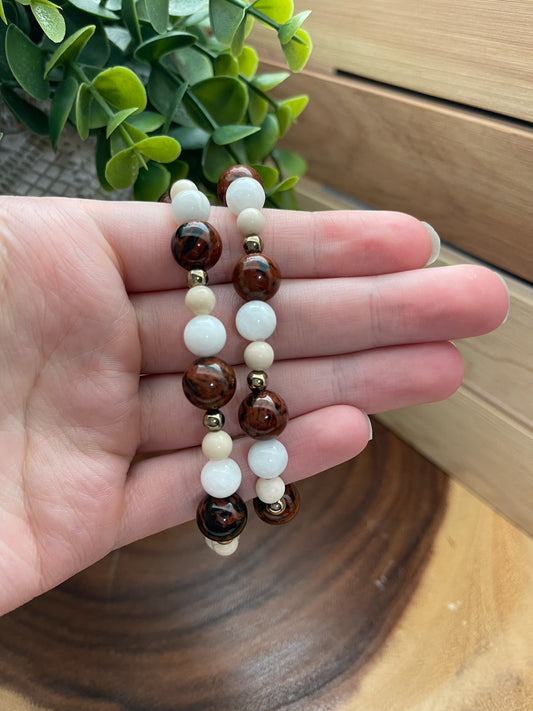 Mahogany Obsidian, Moonstone, Fossil Jasper, and Hematite Bracelet