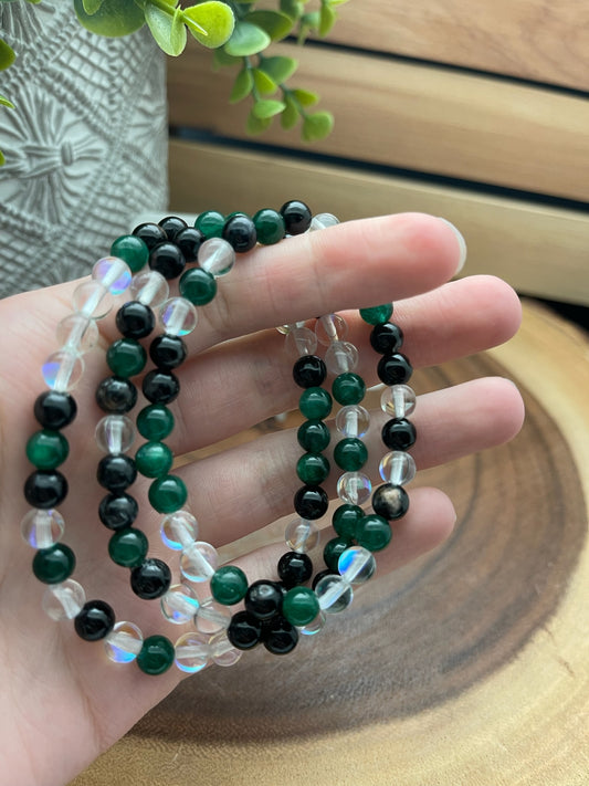 Green Mica, Calico Tourmaline, and Aura Quartz Bracelet