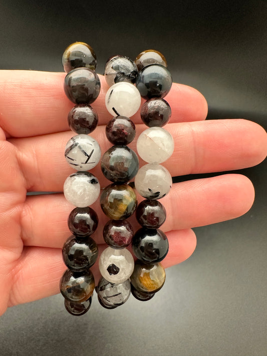 Tigers Eye, Tourmalated Quartz and Garnet Bracelet