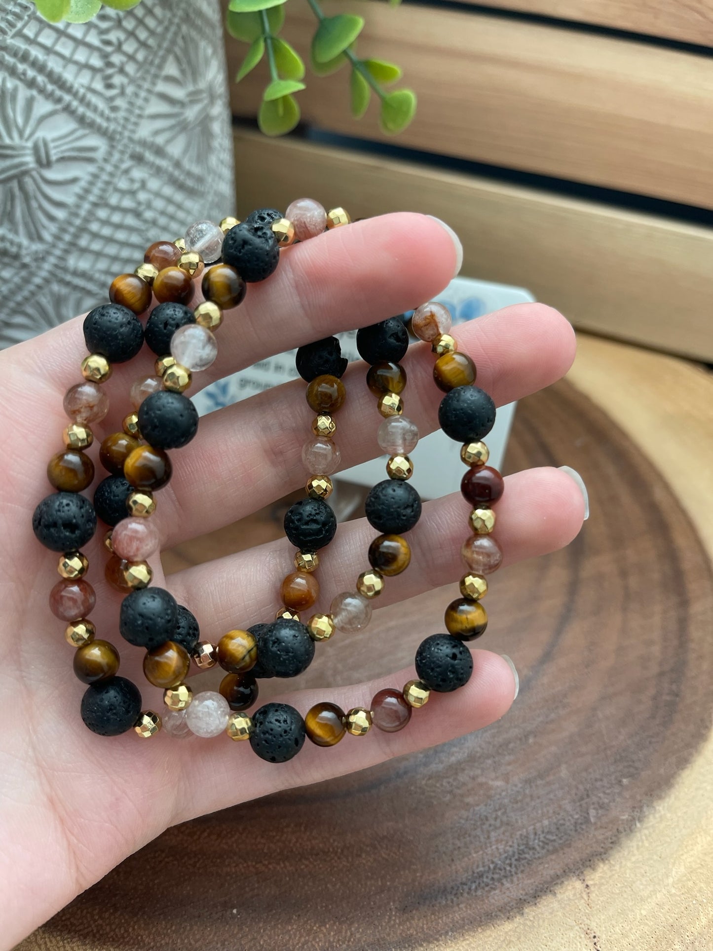 Tigers Eye, Black Lava, and Rutile Quartz Bracelet