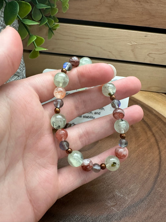 Prehnite, Lepidochrosite, Mystic Quartz and Hematite Bracelet