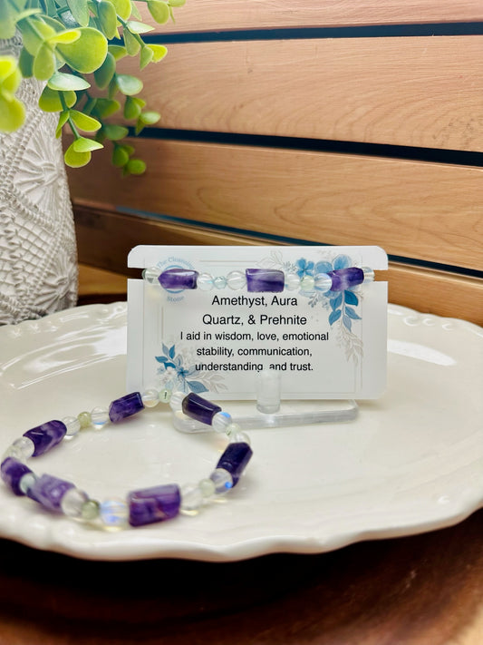 Amethyst, Aura Quartz, and Prehnite Bracelet