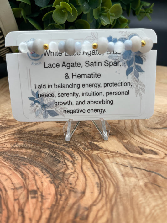 White Lace Agate, Blue Lace Agate, Satin Spar, and Hematite Bracelet