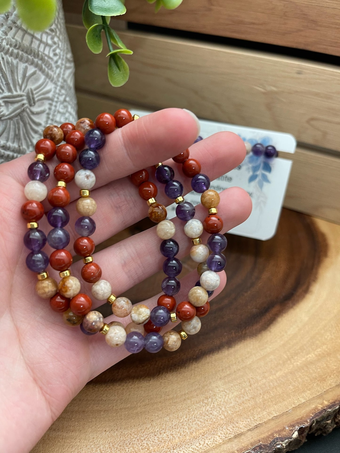 Red Jasper, Amethyst, Pink Moss Agate, and Hematite Bracelet