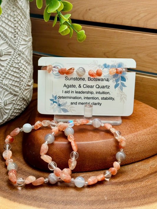 Sunstone, Botswana Agate, and Clear Quartz Bracelet