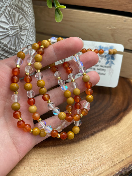 Mookiate, Carnelian, Aura Quartz, and Hematite Bracelet