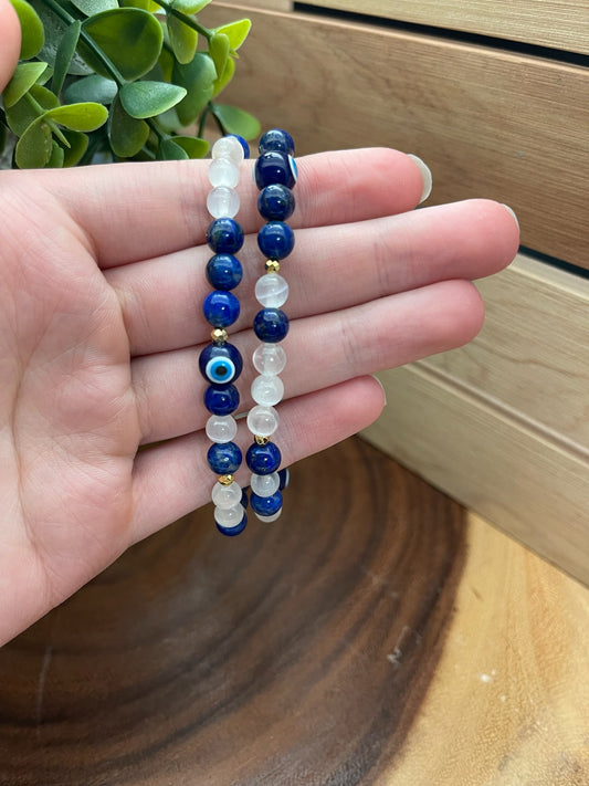 Lapis Lazuli, Satin Spar, and Evil Eye Bracelet