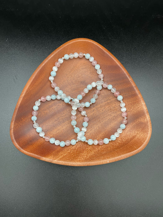 Rose Quartz, Satin Spar, and Aquamarine Bracelet