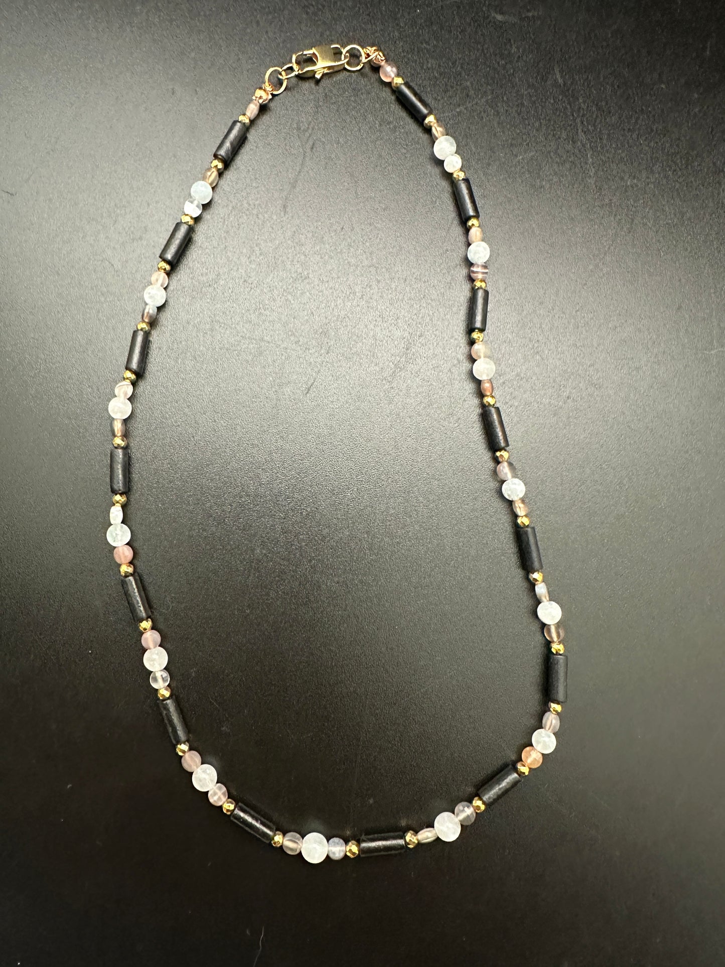 Botswana Agate, Moonstone, Hematite and Wood Necklace