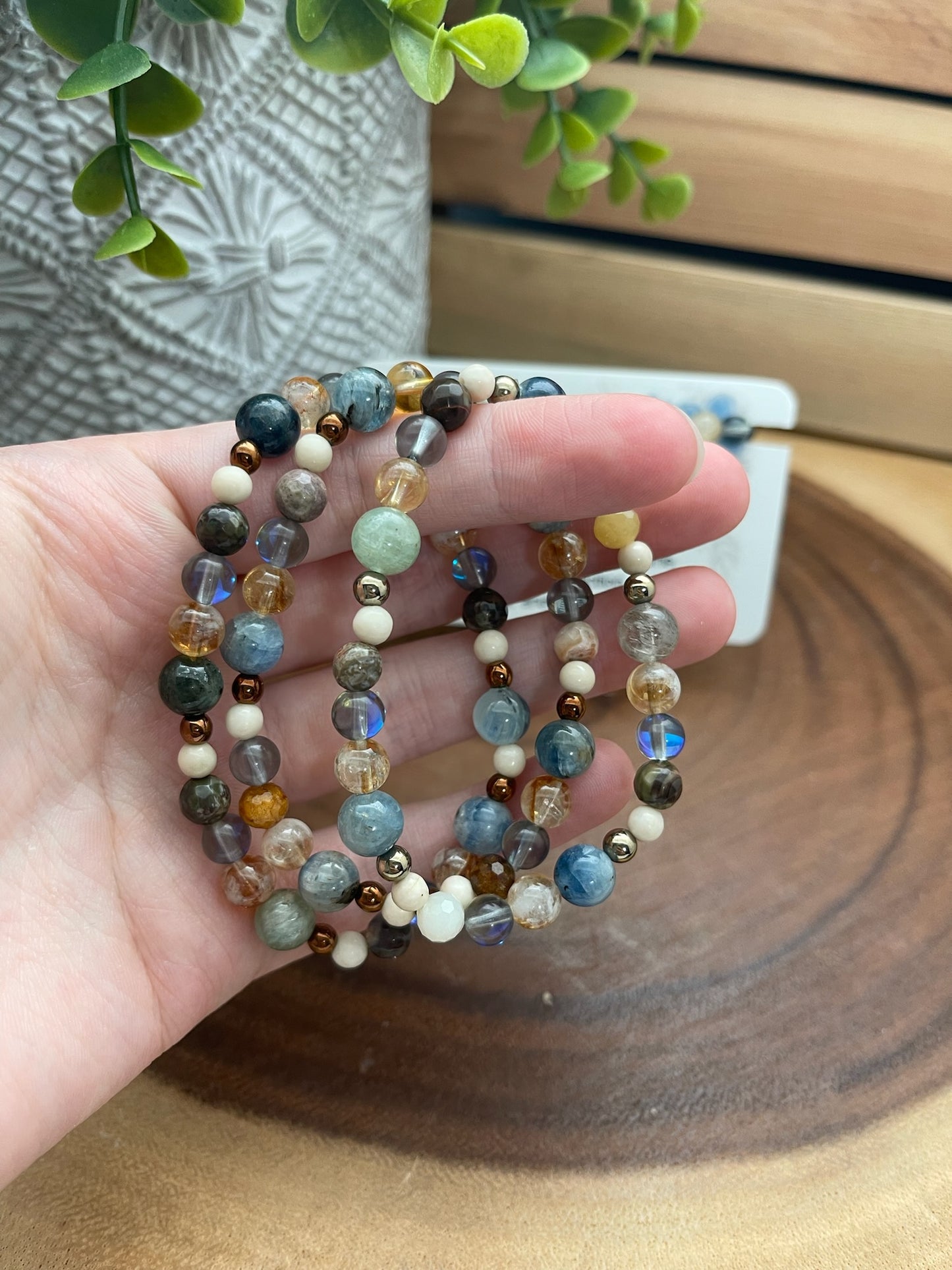 Kyanite, Citrine, Mystic Quartz, Mushroom Rhyolite, Fossil Jasper, and Hematite Bracelet