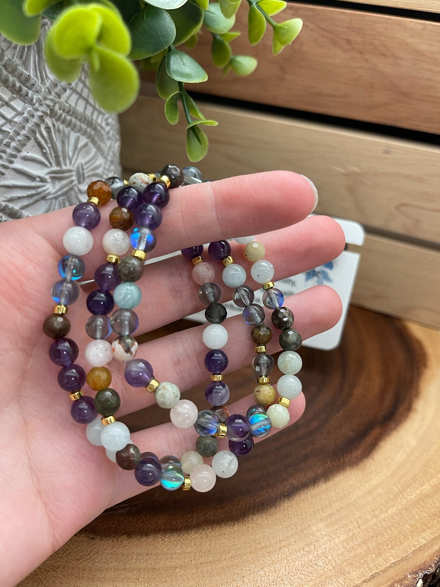 Amethyst, Mushroom Rhyolite, Beryl, and Mystic Quartz Bracelet