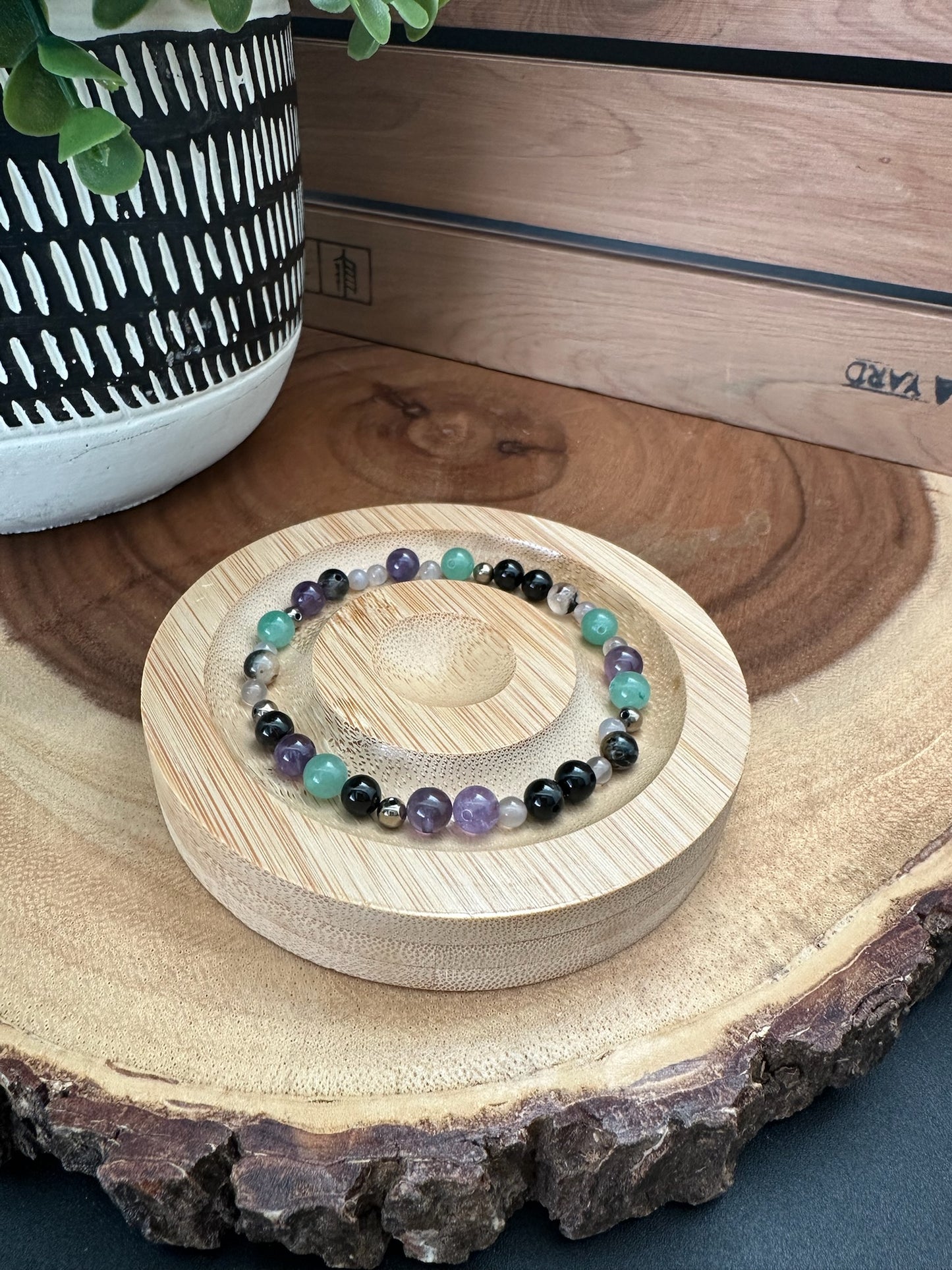 Amethyst, Aventurine, Calico Tourmaline, Grey Chalcedony, and Hematite Bracelet