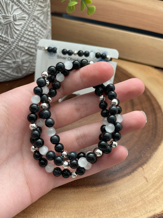 Silver Obsidian, Satin Feldspar and Silver Bracelet